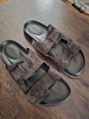 Vince Men's Dark Brown Suede Double-Strap Slide Sandals Mens 11